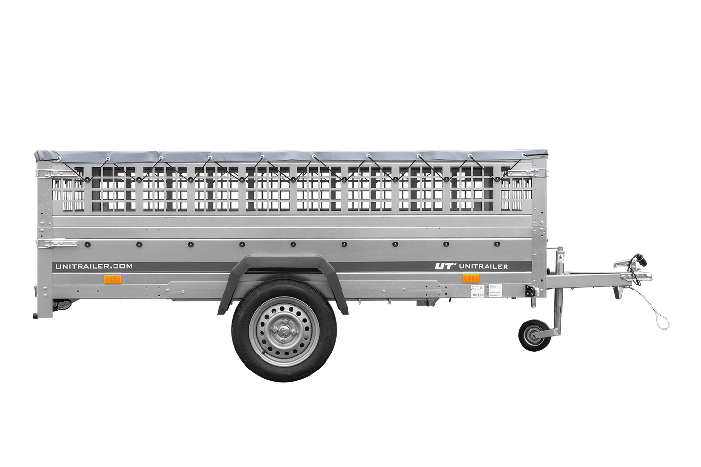 Remolque 264x150 UNITRAILER GARDEN 265 BASCULANTE con laterales de rejilla, marco H-0 y lona gris