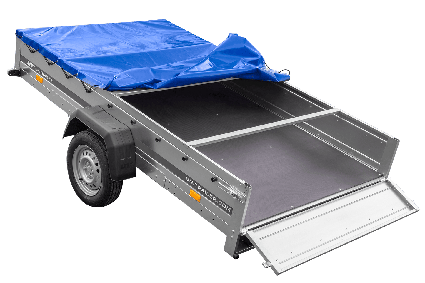 Remolque de un eje 264x150 UNITRAILER GARDEN 265 BASCULANTE con soporte para lona plana y lona azul