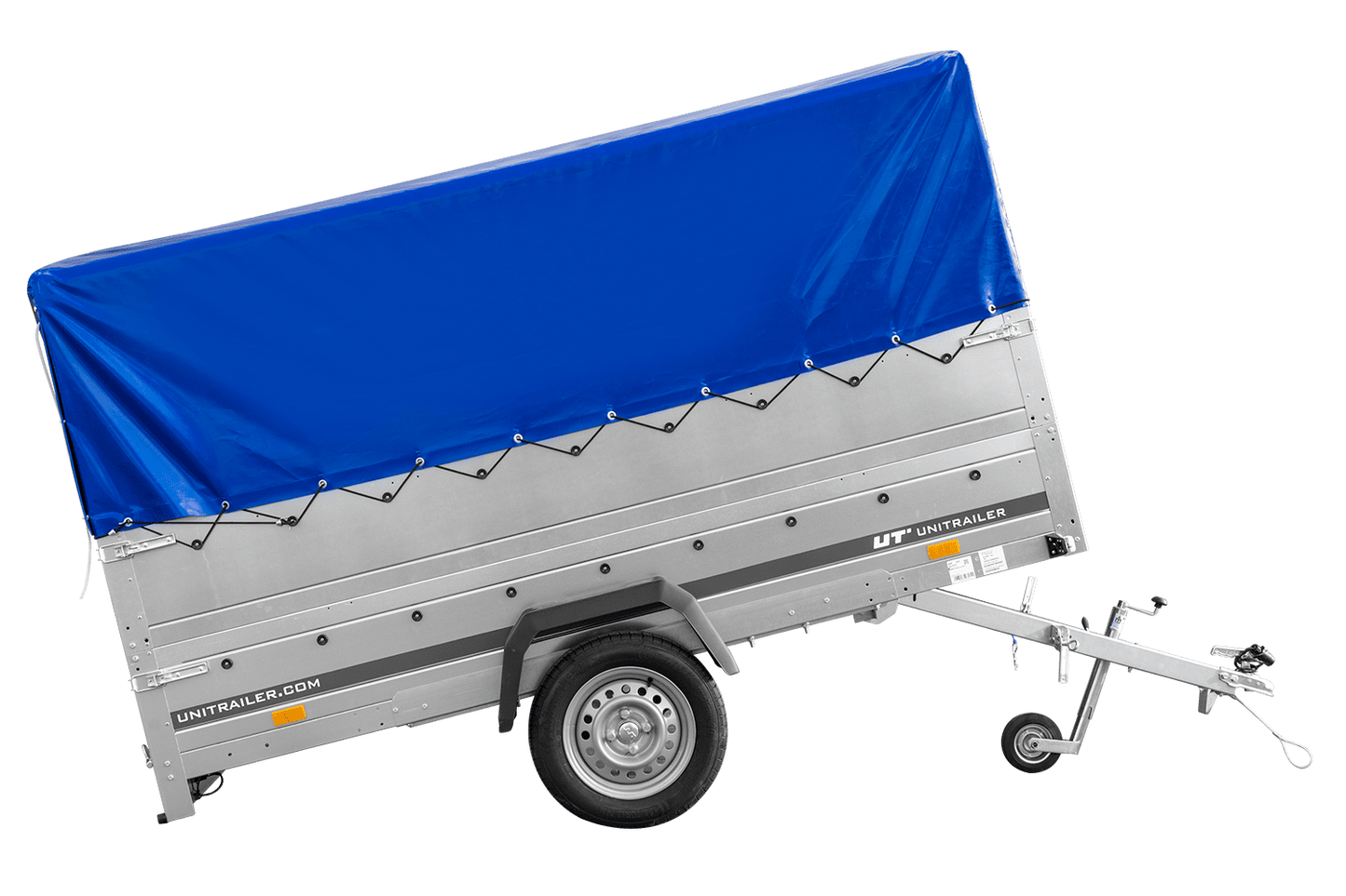 Remolque de un eje 264x150 UNITRAILER GARDEN 265 BASCULANTE con laterales adicionales, estructura alta H-800 y lona azul