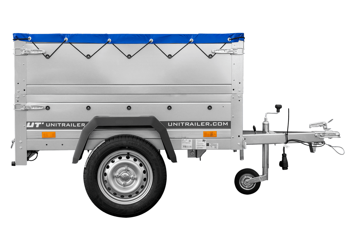 Remolque de coche nuevo GARDEN TRAILER 150 BASCULANTE con paredes laterales adicionales, rueda de apoyo y lona plana azul