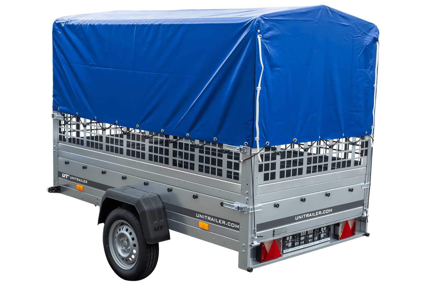 Remolque con lona 230x125 Garden Trailer 230 BASCULANTE con rejilla para hojas, lona alta azul, estructura alta y rueda de apoyo