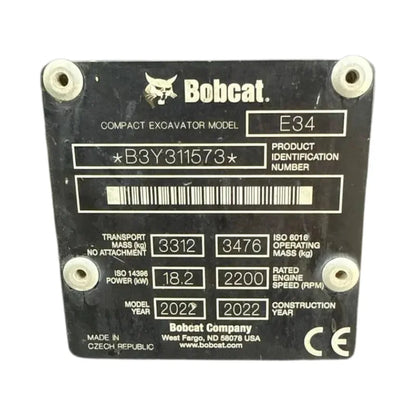 Miniexcavadora Bobcat E34 de 3,5 t — Motor Kubota D1703 18,2 kW — Usada 2022 — 1 096 h
