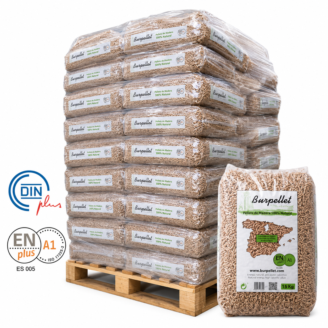 Palet de pellets Burpellet ENplus A1 en sacos de 15 kg para calefacción