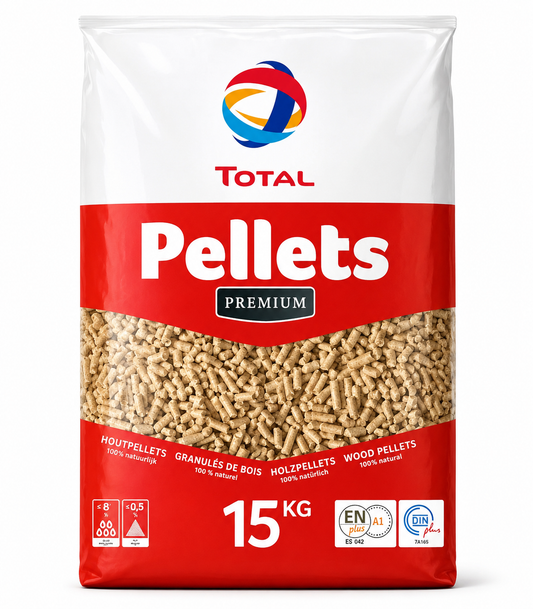 Palet de pellets Total Pellet Premium en sacos de 15 kg para calefacción