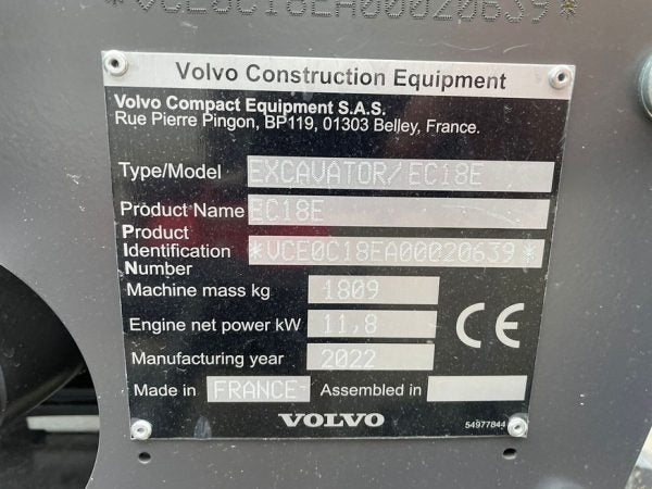 Miniexcavadora compacta Volvo EC18E de 1,8 t usada 2022 casi nueva de 2 h con cuchara