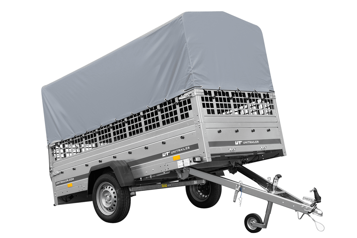 Remolque de 1 eje GARDEN TRAILER 264 BASCULANTE con rejilla para hojas, lona alta gris, estructura alta y rueda de apoyo