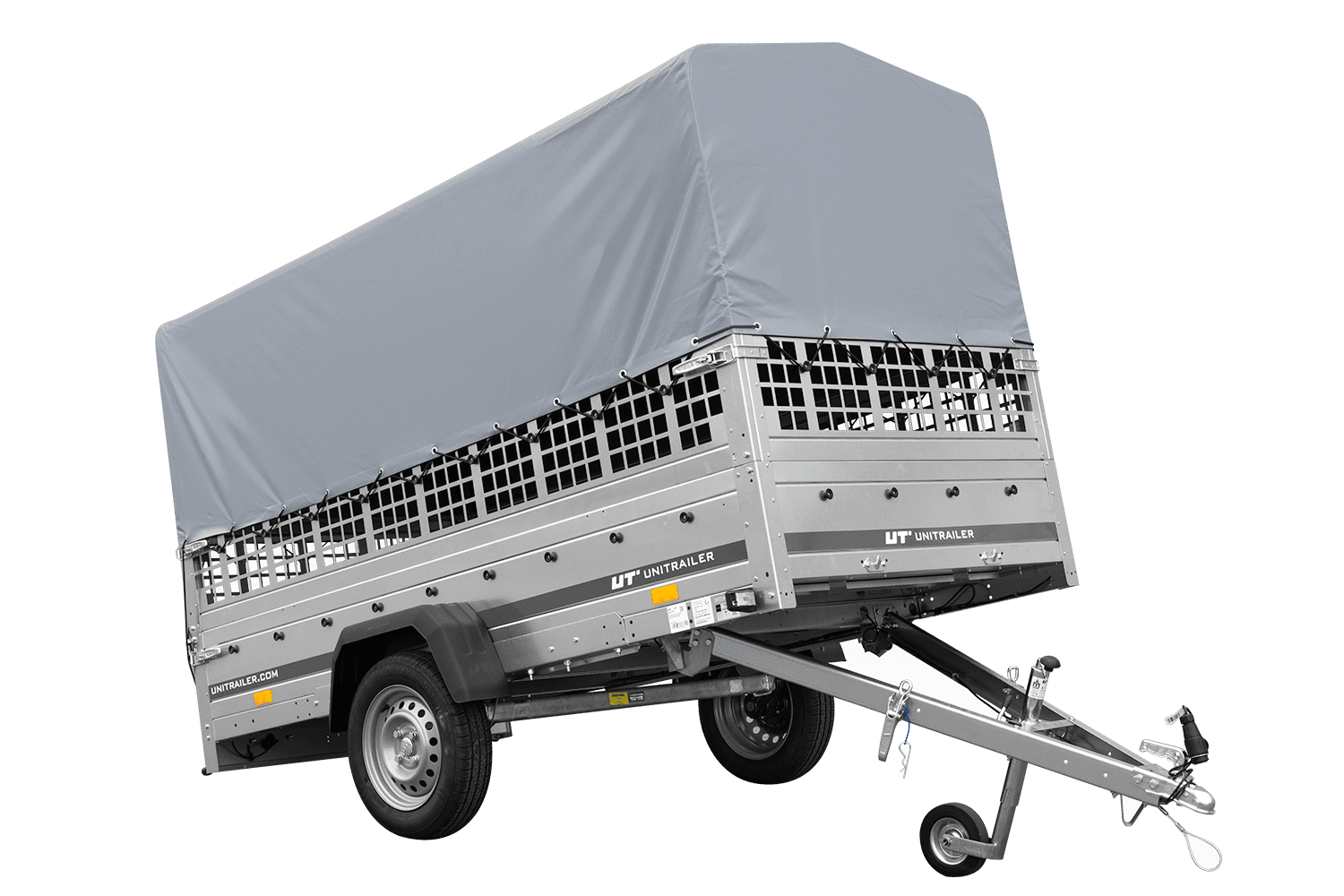 Remolque de 1 eje GARDEN TRAILER 264 BASCULANTE con rejilla para hojas, lona alta gris, estructura alta y rueda de apoyo