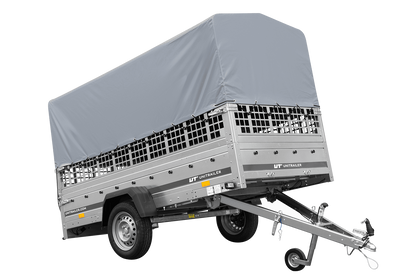 Remolque de 1 eje GARDEN TRAILER 264 BASCULANTE con rejilla para hojas, lona alta gris, estructura alta y rueda de apoyo