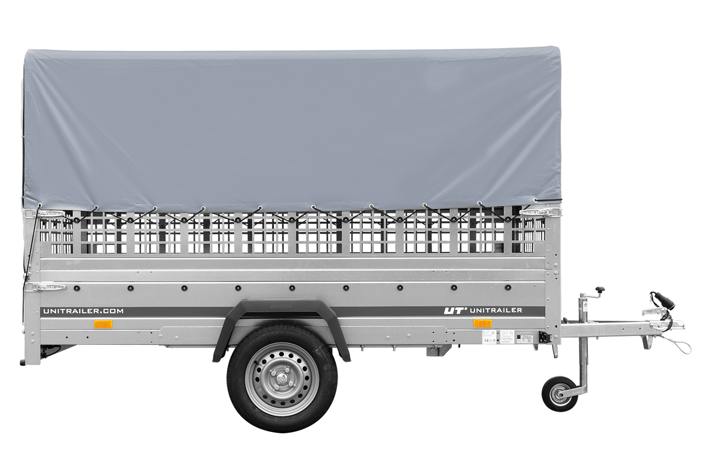 Remolque de 1 eje GARDEN TRAILER 264 BASCULANTE con rejilla para hojas, lona alta gris, estructura alta y rueda de apoyo