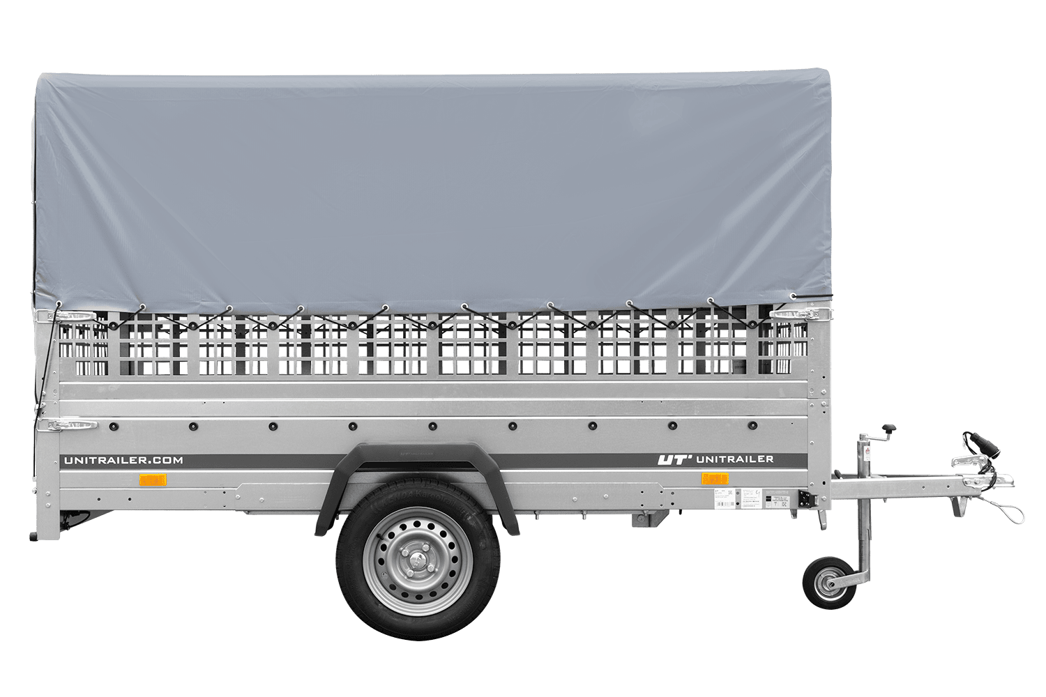 Remolque de 1 eje GARDEN TRAILER 264 BASCULANTE con rejilla para hojas, lona alta gris, estructura alta y rueda de apoyo