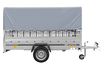 Remolque de 1 eje GARDEN TRAILER 264 BASCULANTE con rejilla para hojas, lona alta gris, estructura alta y rueda de apoyo