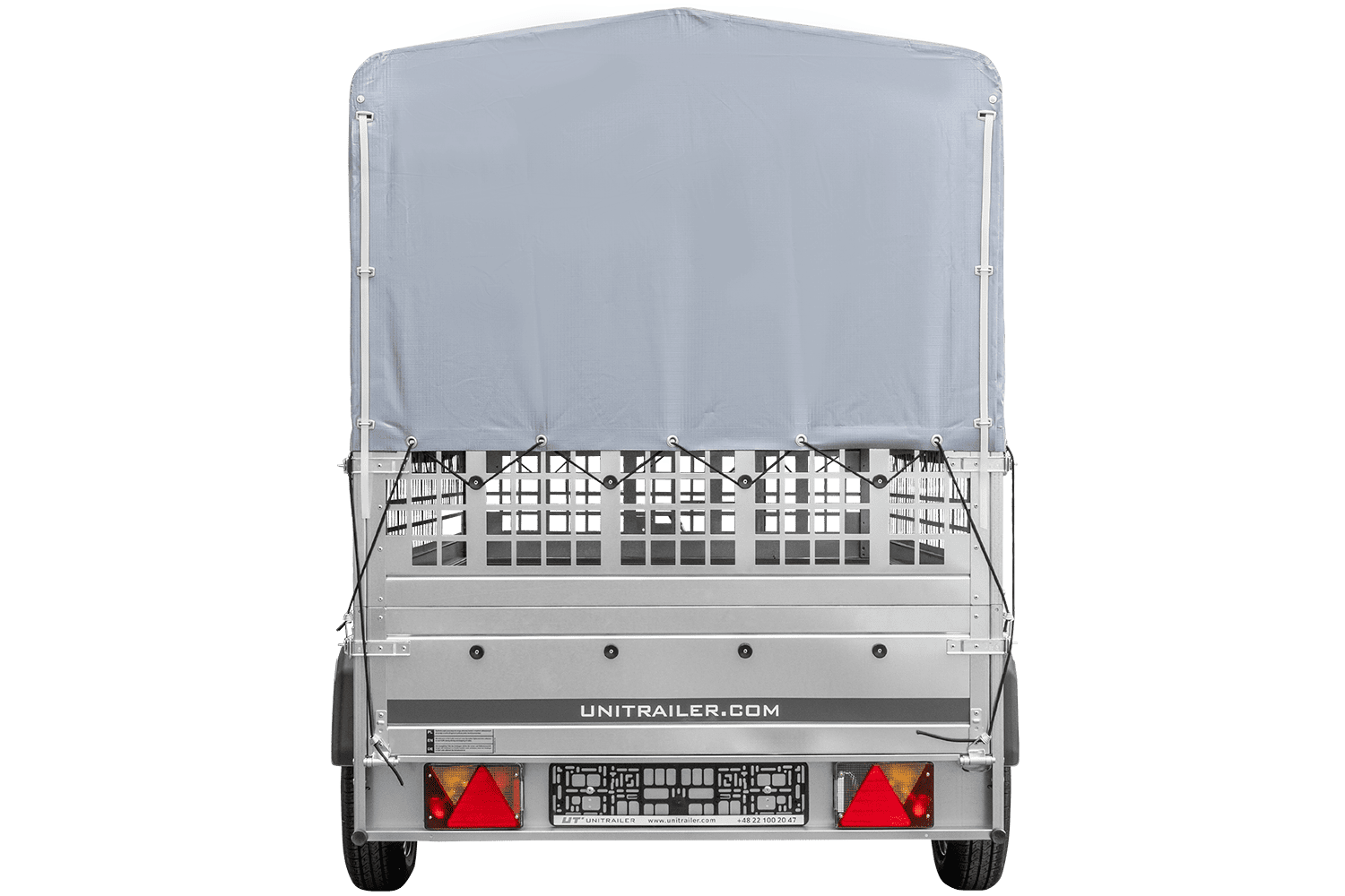 Remolque de 1 eje GARDEN TRAILER 264 BASCULANTE con rejilla para hojas, lona alta gris, estructura alta y rueda de apoyo