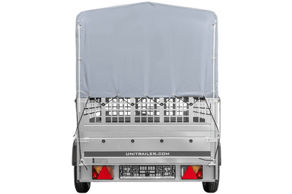 Remolque de 1 eje GARDEN TRAILER 264 BASCULANTE con rejilla para hojas, lona alta gris, estructura alta y rueda de apoyo