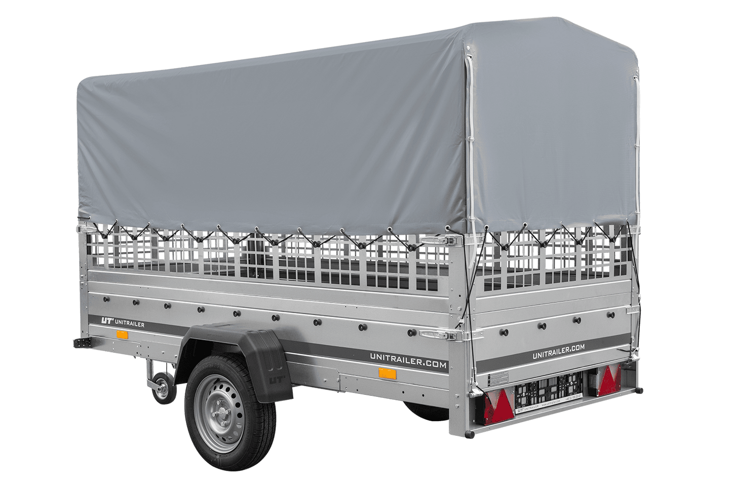 Remolque de 1 eje GARDEN TRAILER 264 BASCULANTE con rejilla para hojas, lona alta gris, estructura alta y rueda de apoyo