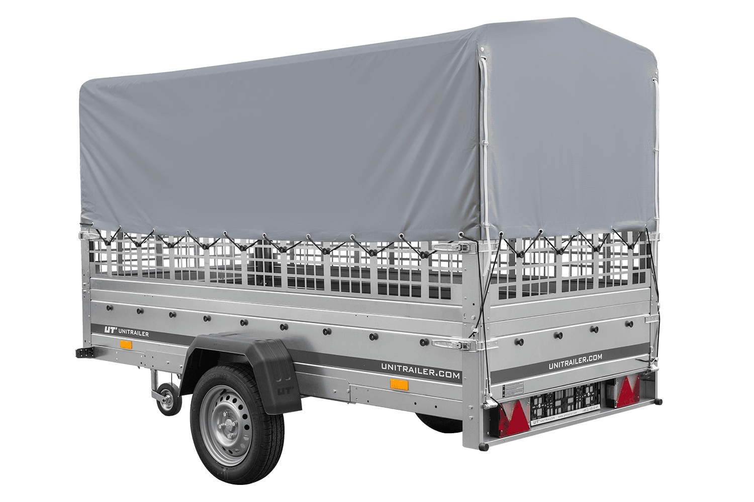Remolque de 1 eje GARDEN TRAILER 264 BASCULANTE con rejilla para hojas, lona alta gris, estructura alta y rueda de apoyo