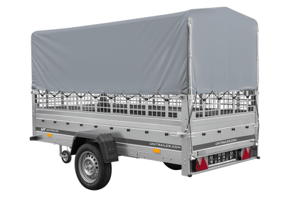 Remolque de 1 eje GARDEN TRAILER 264 BASCULANTE con rejilla para hojas, lona alta gris, estructura alta y rueda de apoyo