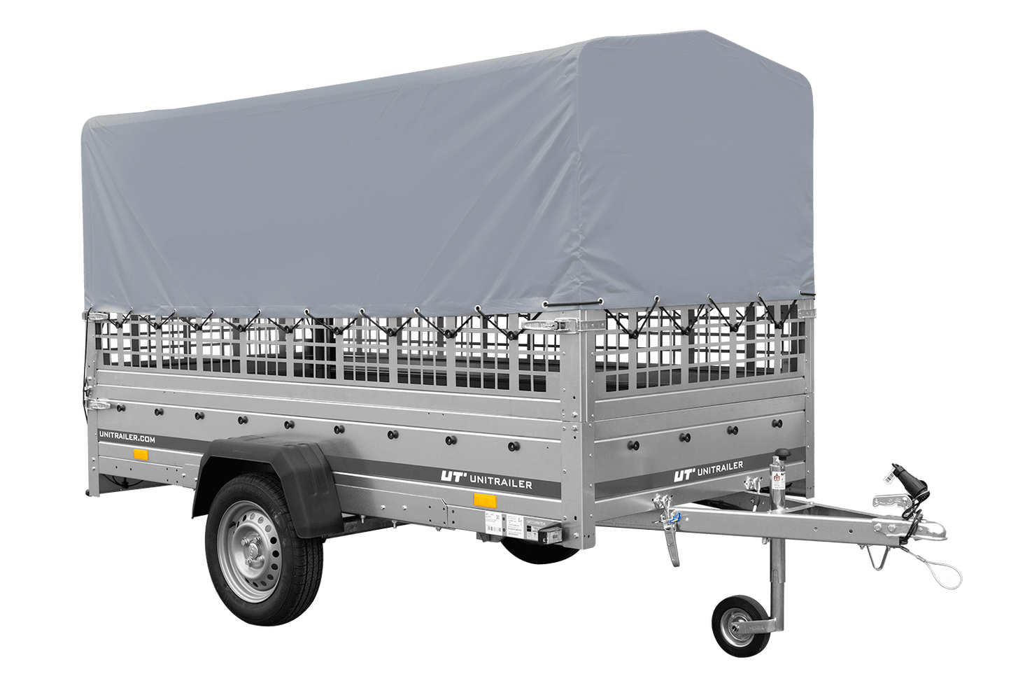 Remolque de 1 eje GARDEN TRAILER 264 BASCULANTE con rejilla para hojas, lona alta gris, estructura alta y rueda de apoyo