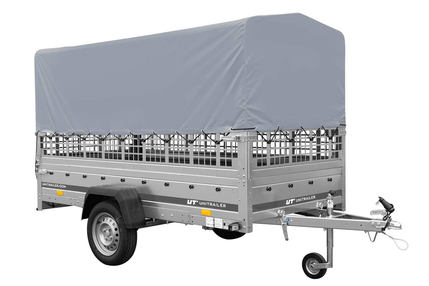 Remolque de 1 eje GARDEN TRAILER 264 BASCULANTE con rejilla para hojas, lona alta gris, estructura alta y rueda de apoyo