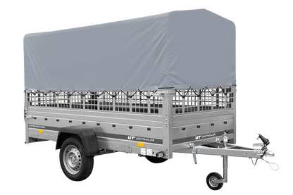 Remolque de 1 eje GARDEN TRAILER 264 BASCULANTE con rejilla para hojas, lona alta gris, estructura alta y rueda de apoyo