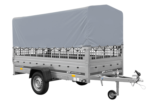 Remolque de 1 eje GARDEN TRAILER 264 BASCULANTE con rejilla para hojas, lona alta gris, estructura alta y rueda de apoyo