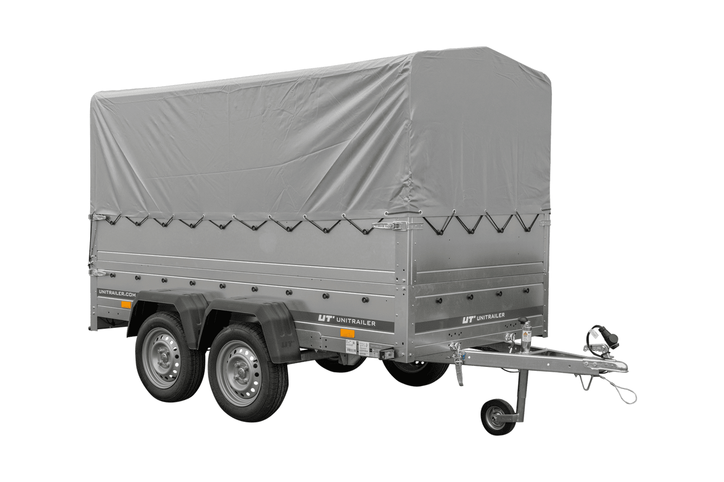 Remolque de coche de 2 ejes UNITRAILER GARDEN TRAILER 264/2 BASCULANTE con rueda de apoyo, sobrelaterales, marco H-800 y lona gris