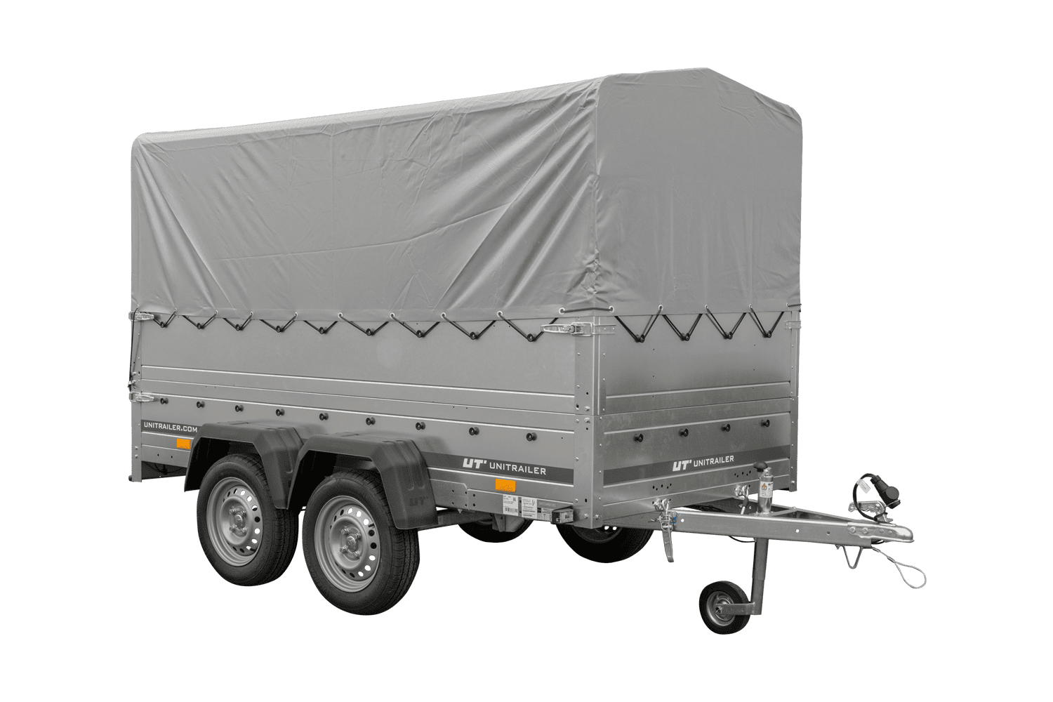 Remolque de coche de 2 ejes UNITRAILER GARDEN TRAILER 264/2 BASCULANTE con rueda de apoyo, sobrelaterales, marco H-800 y lona gris