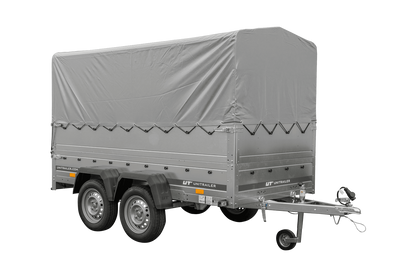 Remolque de coche de 2 ejes UNITRAILER GARDEN TRAILER 264/2 BASCULANTE con rueda de apoyo, sobrelaterales, marco H-800 y lona gris