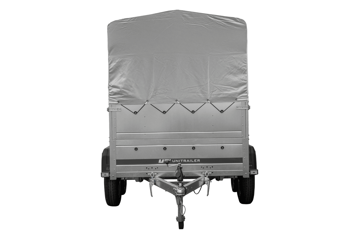 Remolque de coche de 2 ejes UNITRAILER GARDEN TRAILER 264/2 BASCULANTE con rueda de apoyo, sobrelaterales, marco H-800 y lona gris
