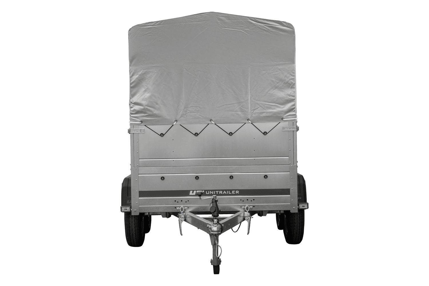 Remolque de coche de 2 ejes UNITRAILER GARDEN TRAILER 264/2 BASCULANTE con rueda de apoyo, sobrelaterales, marco H-800 y lona gris