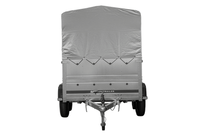 Remolque de coche de 2 ejes UNITRAILER GARDEN TRAILER 264/2 BASCULANTE con rueda de apoyo, sobrelaterales, marco H-800 y lona gris