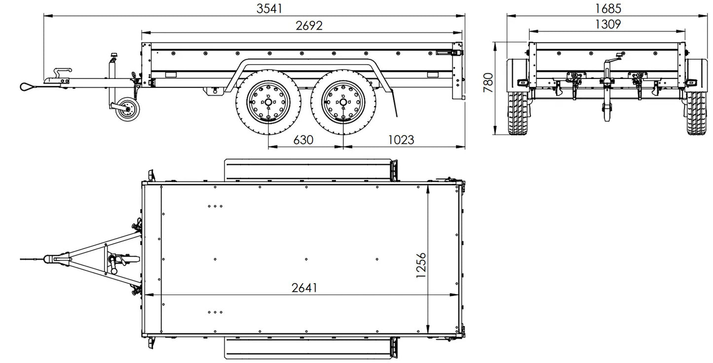 Remolque de coche de 2 ejes UNITRAILER GARDEN TRAILER 264/2 BASCULANTE con rueda de apoyo, sobrelaterales, marco H-800 y lona gris