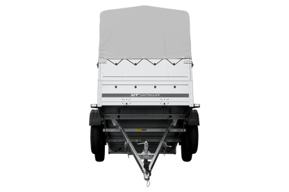 Remolque de coche de 2 ejes UNITRAILER GARDEN TRAILER 264/2 BASCULANTE con rueda de apoyo, sobrelaterales, marco H-800 y lona gris