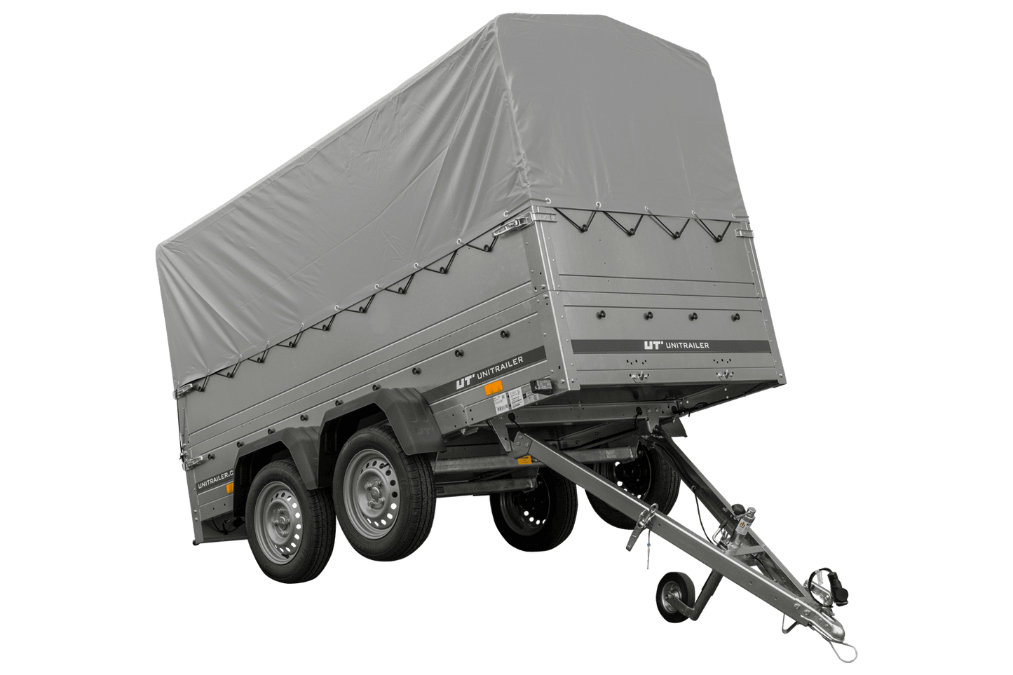 Remolque de coche de 2 ejes UNITRAILER GARDEN TRAILER 264/2 BASCULANTE con rueda de apoyo, sobrelaterales, marco H-800 y lona gris