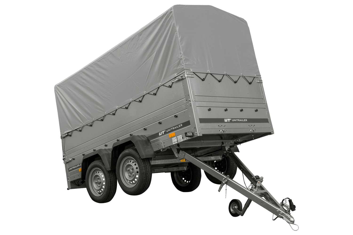 Remolque de coche de 2 ejes UNITRAILER GARDEN TRAILER 264/2 BASCULANTE con rueda de apoyo, sobrelaterales, marco H-800 y lona gris