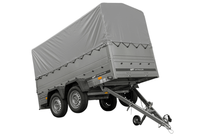 Remolque de coche de 2 ejes UNITRAILER GARDEN TRAILER 264/2 BASCULANTE con rueda de apoyo, sobrelaterales, marco H-800 y lona gris