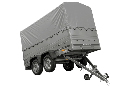Remolque de coche de 2 ejes UNITRAILER GARDEN TRAILER 264/2 BASCULANTE con rueda de apoyo, sobrelaterales, marco H-800 y lona gris