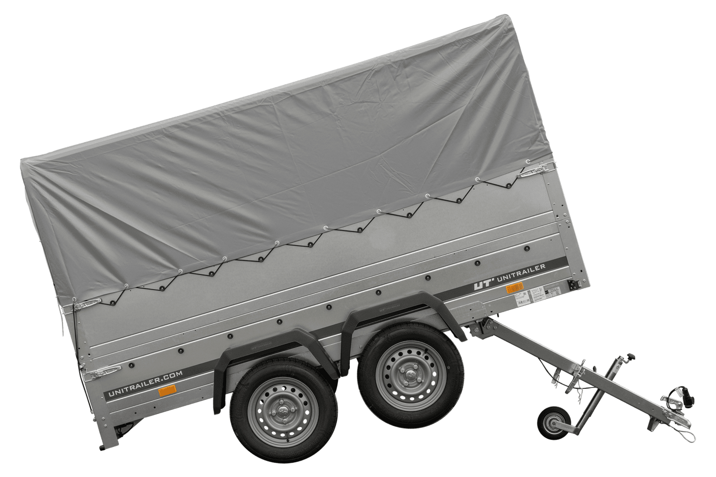 Remolque de coche de 2 ejes UNITRAILER GARDEN TRAILER 264/2 BASCULANTE con rueda de apoyo, sobrelaterales, marco H-800 y lona gris
