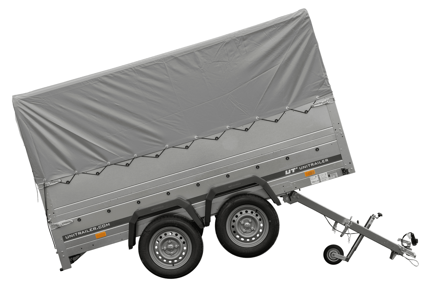 Remolque de coche de 2 ejes UNITRAILER GARDEN TRAILER 264/2 BASCULANTE con rueda de apoyo, sobrelaterales, marco H-800 y lona gris