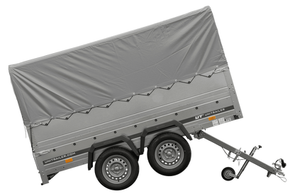 Remolque de coche de 2 ejes UNITRAILER GARDEN TRAILER 264/2 BASCULANTE con rueda de apoyo, sobrelaterales, marco H-800 y lona gris