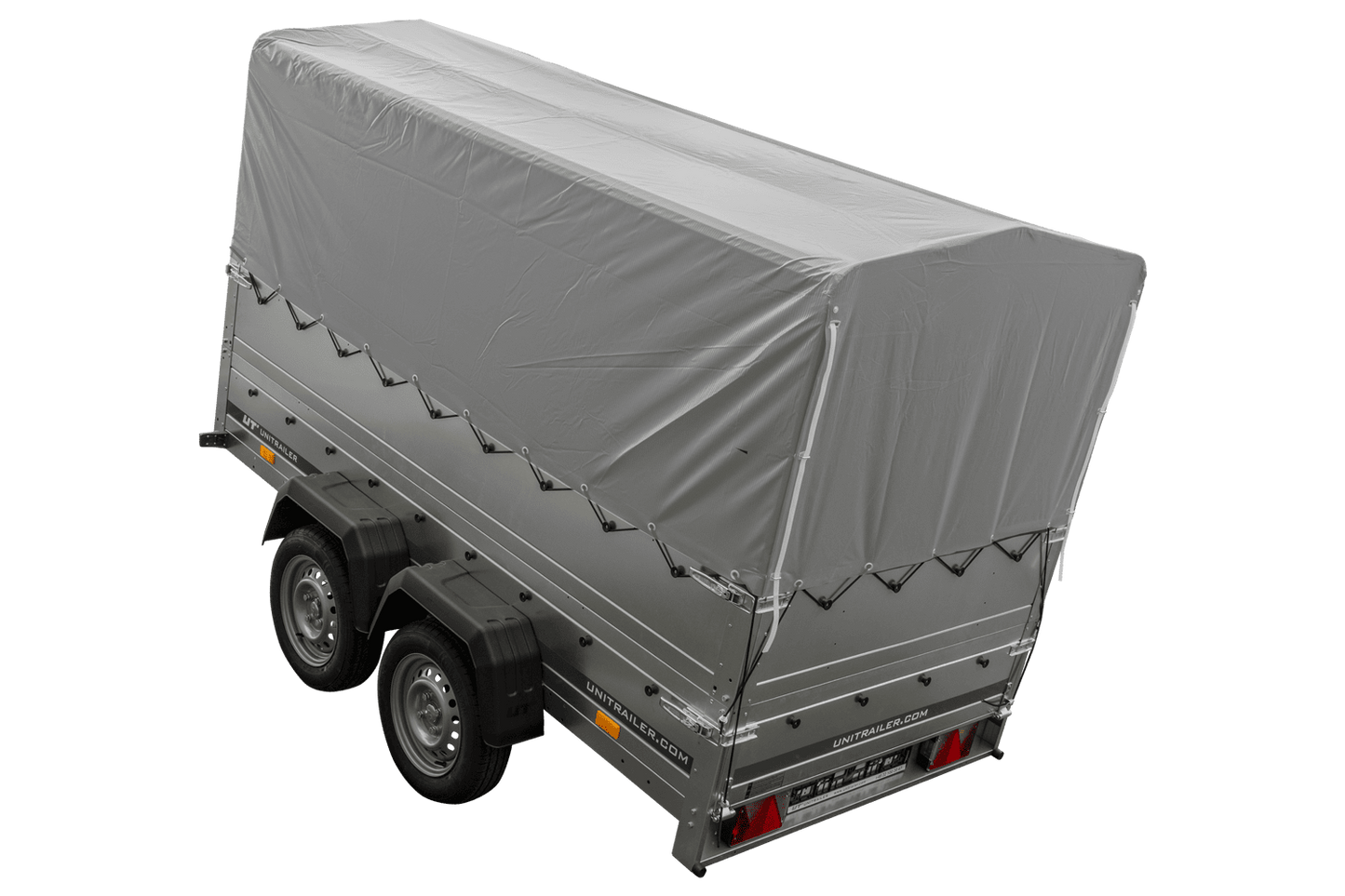 Remolque de coche de 2 ejes UNITRAILER GARDEN TRAILER 264/2 BASCULANTE con rueda de apoyo, sobrelaterales, marco H-800 y lona gris