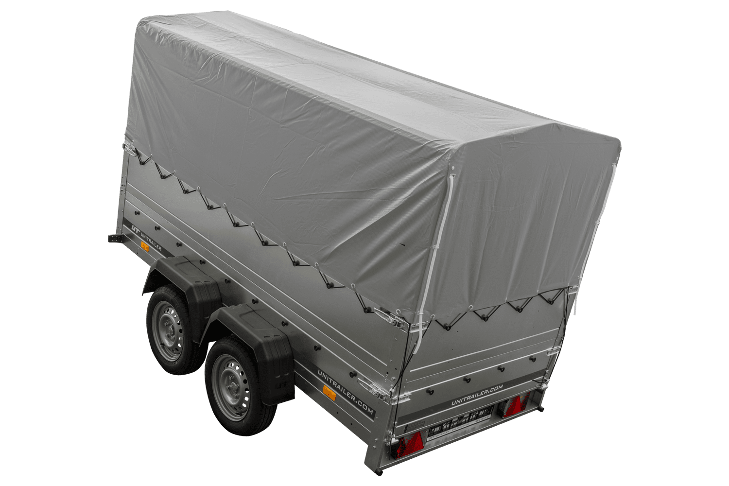 Remolque de coche de 2 ejes UNITRAILER GARDEN TRAILER 264/2 BASCULANTE con rueda de apoyo, sobrelaterales, marco H-800 y lona gris