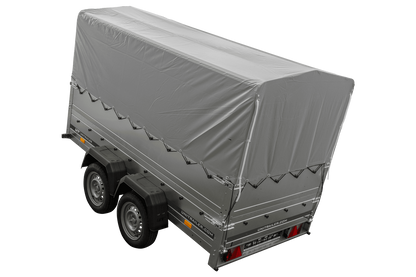 Remolque de coche de 2 ejes UNITRAILER GARDEN TRAILER 264/2 BASCULANTE con rueda de apoyo, sobrelaterales, marco H-800 y lona gris