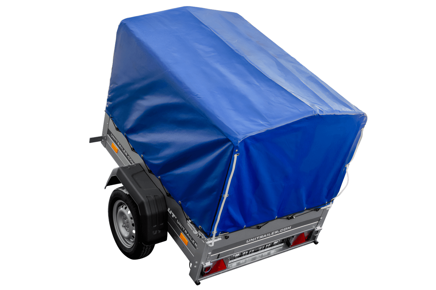 Remolque 150 KIPP 150x106 cm [con lona alta azul, estructura alta y rueda de apoyo]