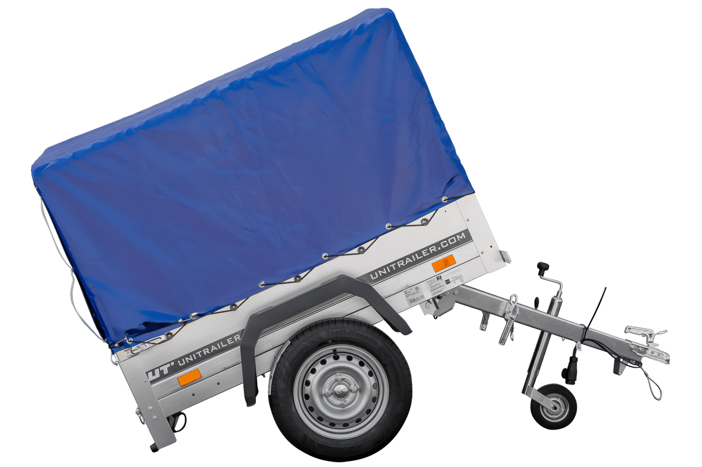 Remolque 150 KIPP 150x106 cm [con lona alta azul, estructura alta y rueda de apoyo]