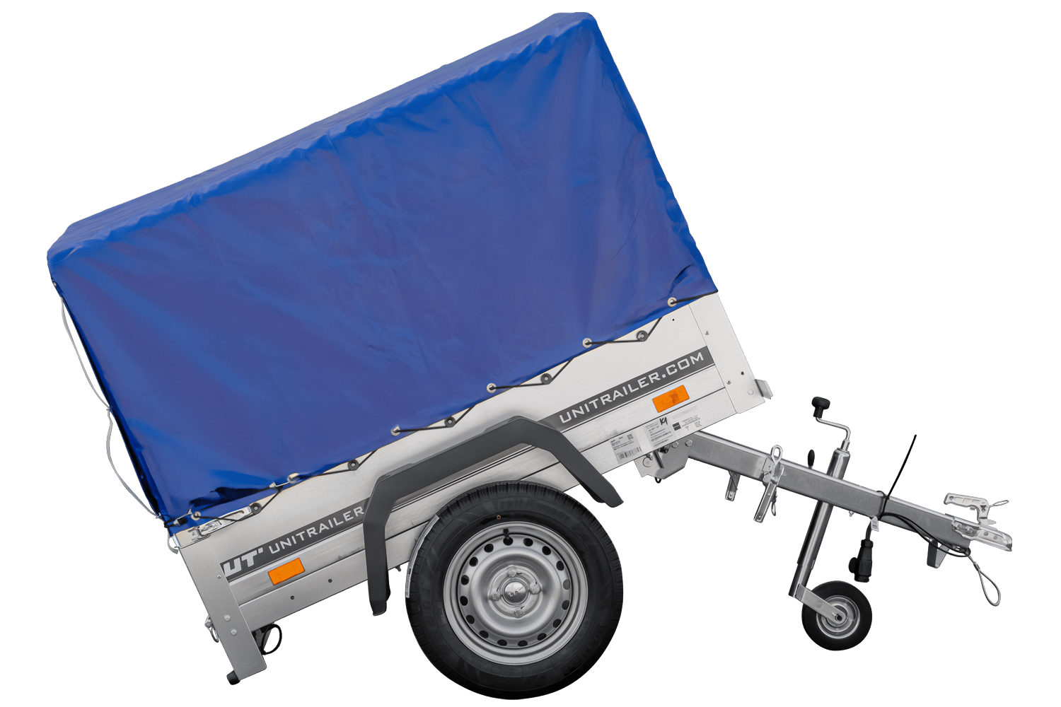 Remolque 150 KIPP 150x106 cm [con lona alta azul, estructura alta y rueda de apoyo]