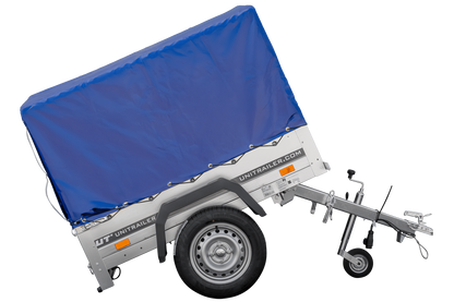 Remolque 150 KIPP 150x106 cm [con lona alta azul, estructura alta y rueda de apoyo]