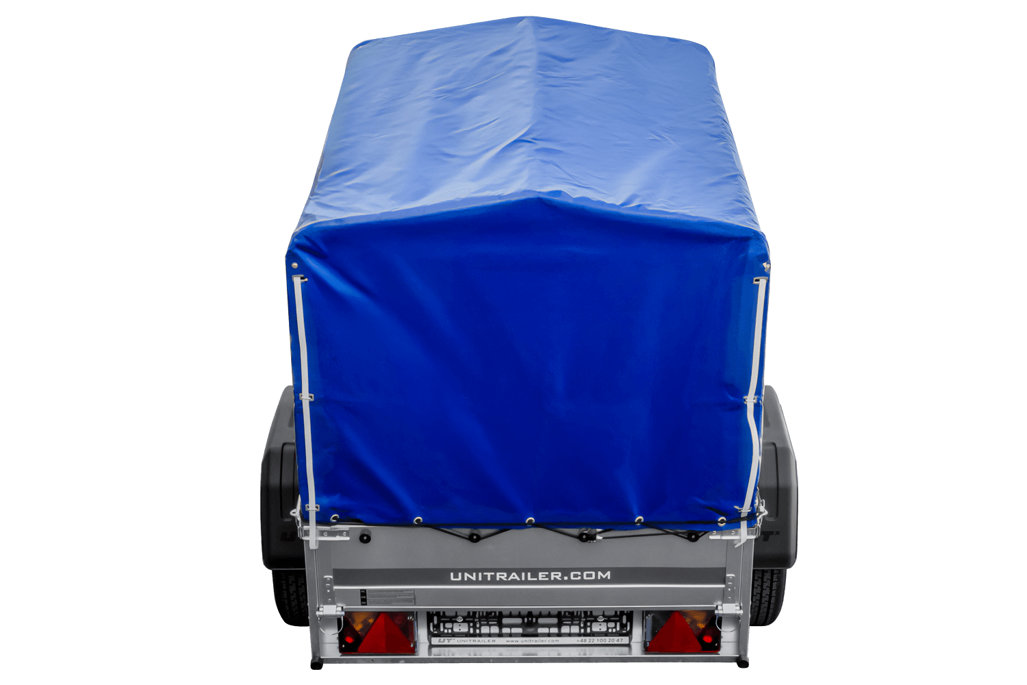 Remolque 150 KIPP 150x106 cm [con lona alta azul, estructura alta y rueda de apoyo]