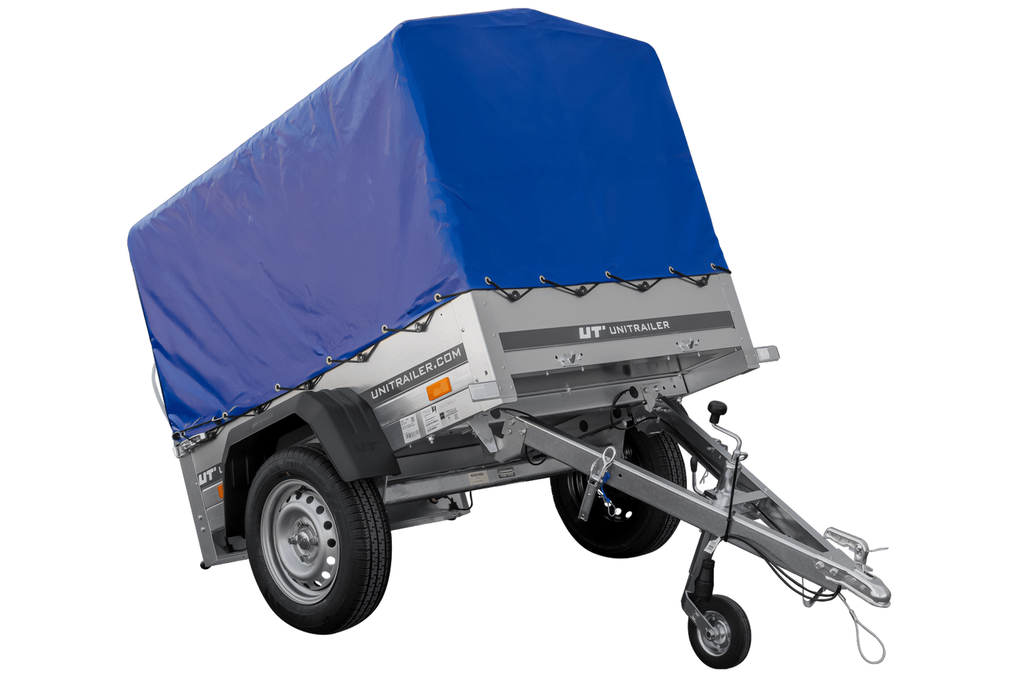 Remolque 150 KIPP 150x106 cm [con lona alta azul, estructura alta y rueda de apoyo]
