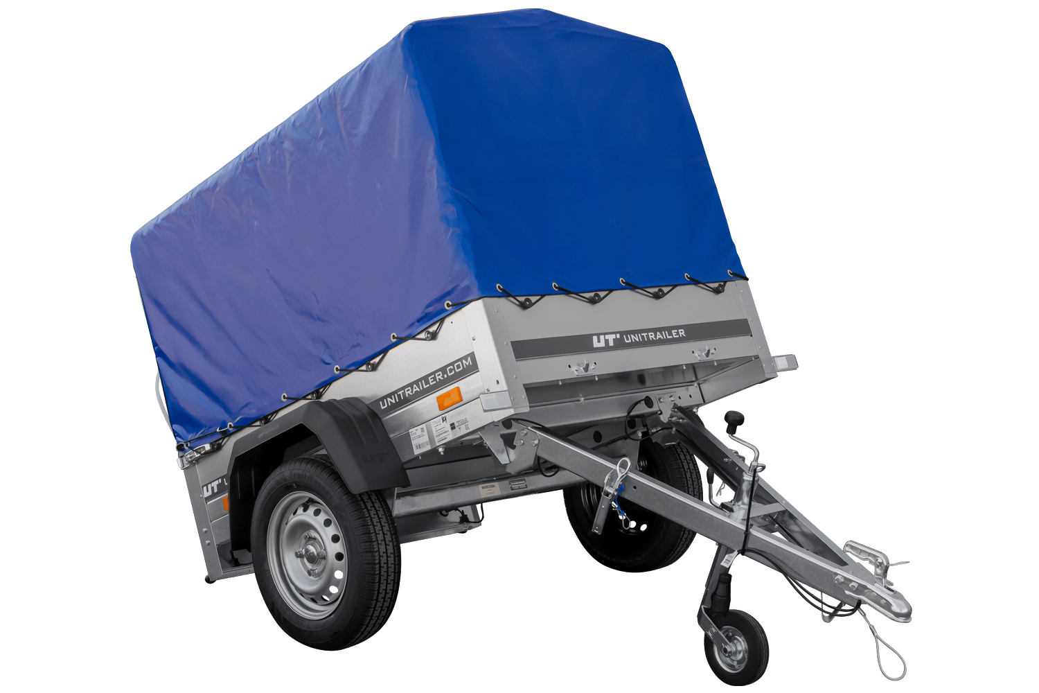 Remolque 150 KIPP 150x106 cm [con lona alta azul, estructura alta y rueda de apoyo]
