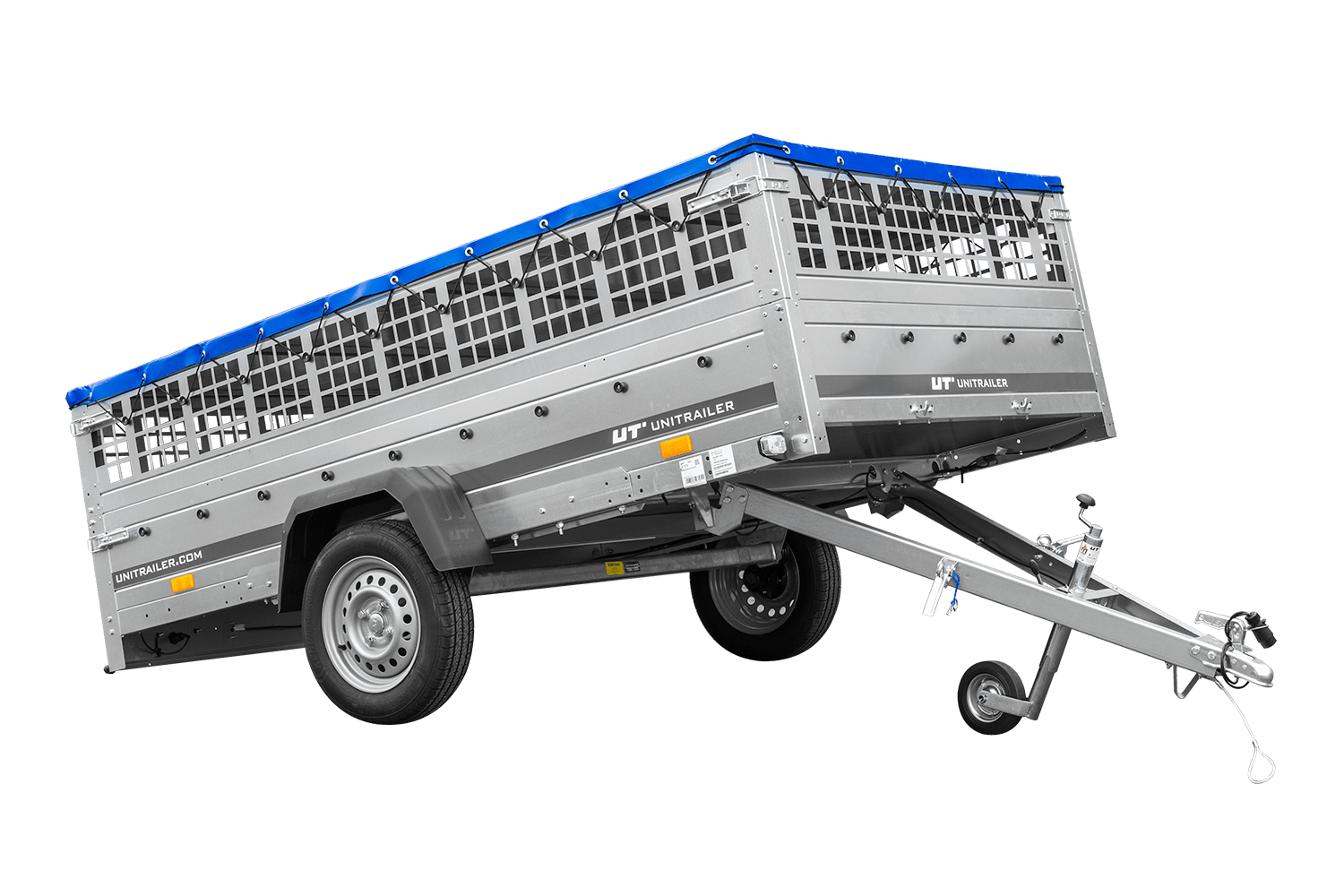 Remolque 264x150 UNITRAILER GARDEN 265 BASCULANTE con sobrelateral de rejilla, soportes para lona plana y lona azul